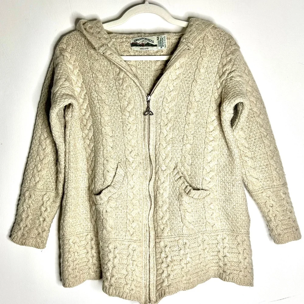 AranCrafts Ireland Cable Hooded Knit Zip Sweater in Cream SZ S - Picture 1 of 7